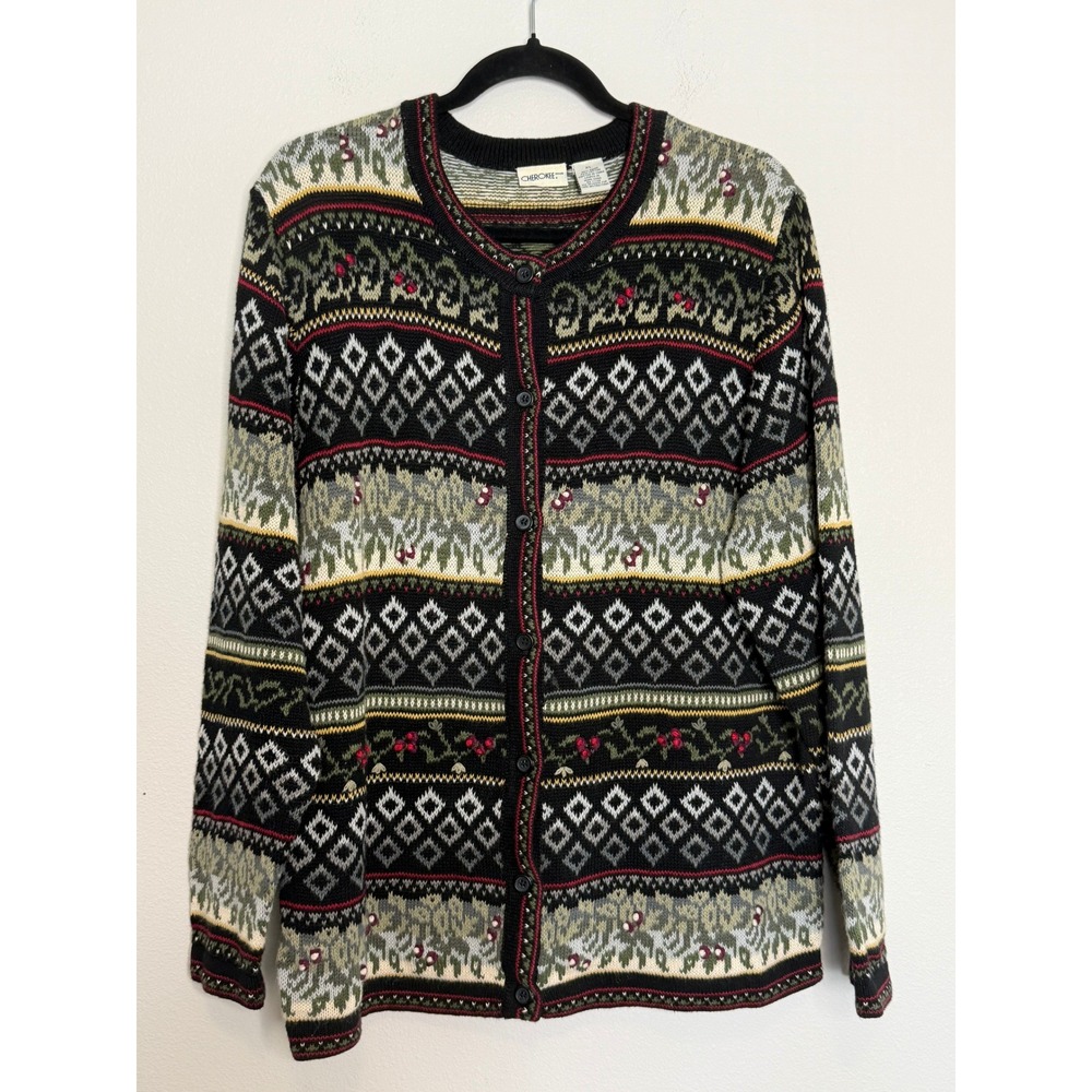 Cherokee Vintage Fair Isle Cardigan Sweater XL Green Black Geometric Embroidered